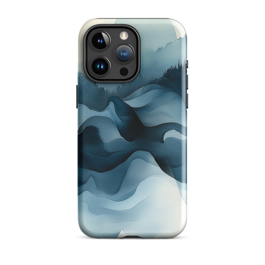 A calming abstract landscape protective phone case inspired by quiet valleys and soft blue tones.