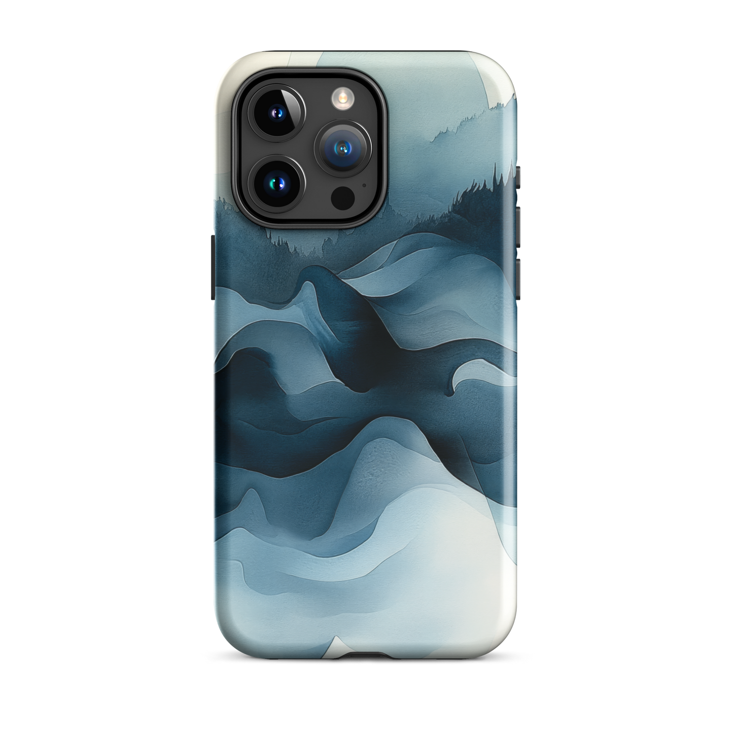 A calming abstract landscape protective phone case inspired by quiet valleys and soft blue tones.