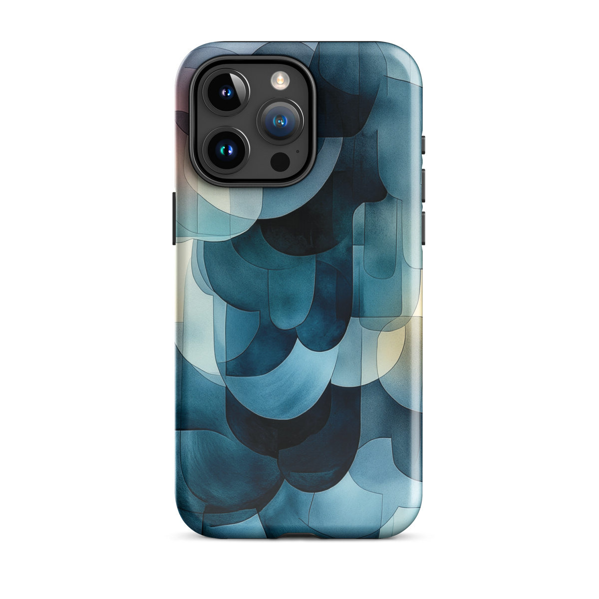 A modern abstract phone case featuring layered blue forms and soft flowing shapes.
