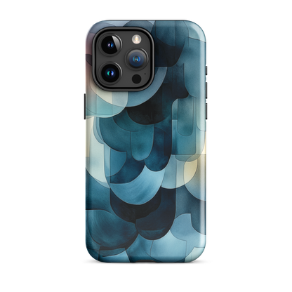 A modern abstract phone case featuring layered blue forms and soft flowing shapes.