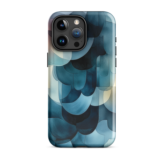 A modern abstract phone case featuring layered blue forms and soft flowing shapes.