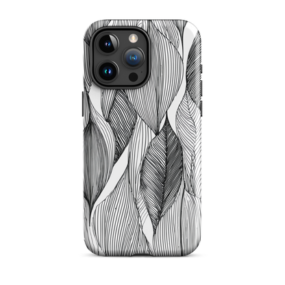 A minimalist phone case featuring fine black botanical linework in a repeating leaf pattern.