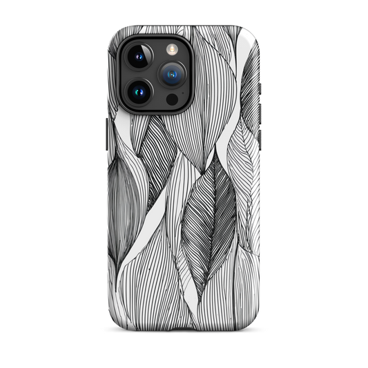 A minimalist phone case featuring fine black botanical linework in a repeating leaf pattern.