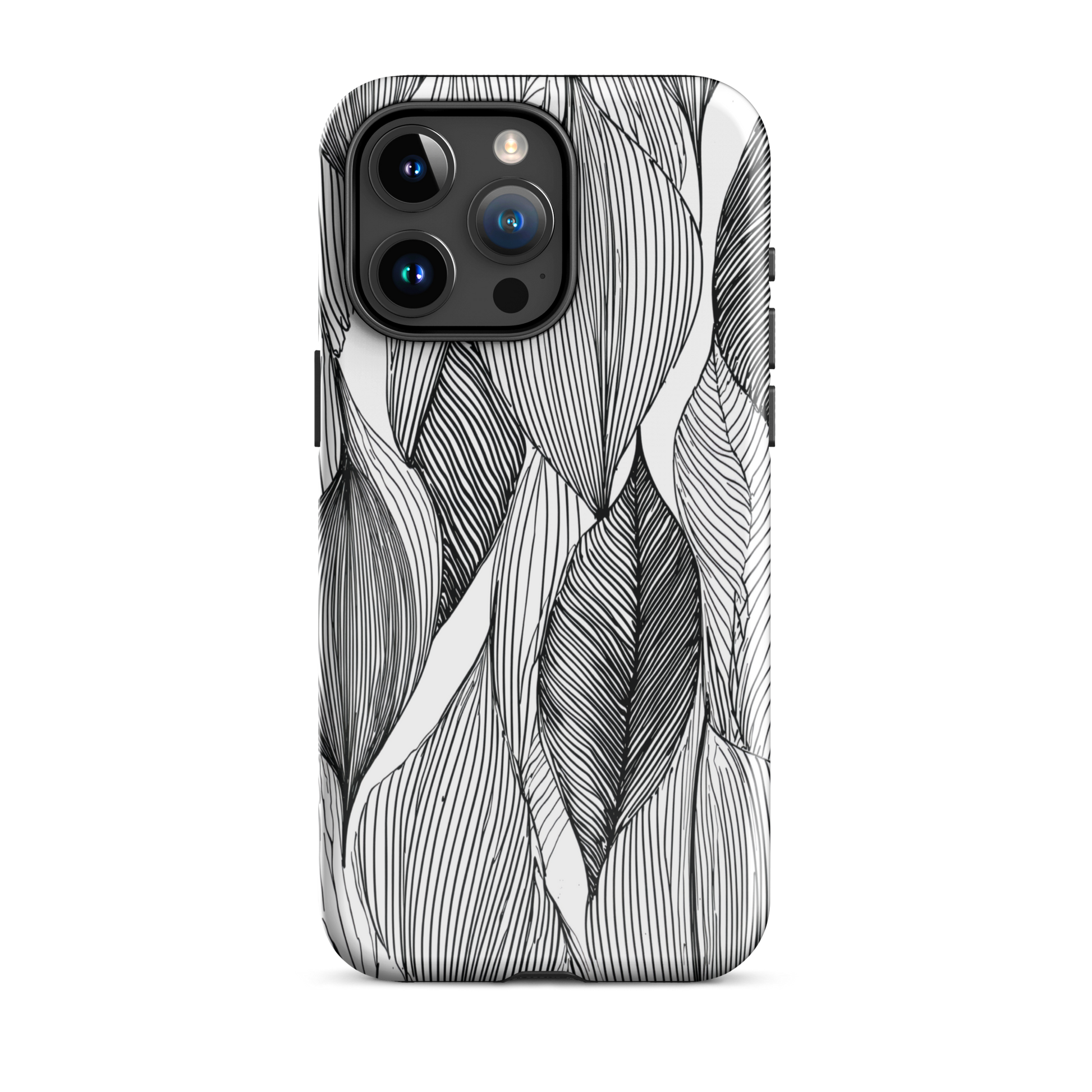 A minimalist phone case featuring fine black botanical linework in a repeating leaf pattern.