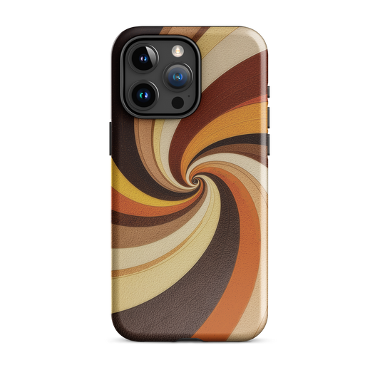A retro-inspired phone case featuring warm swirling patterns in orange, yellow, and brown tones.