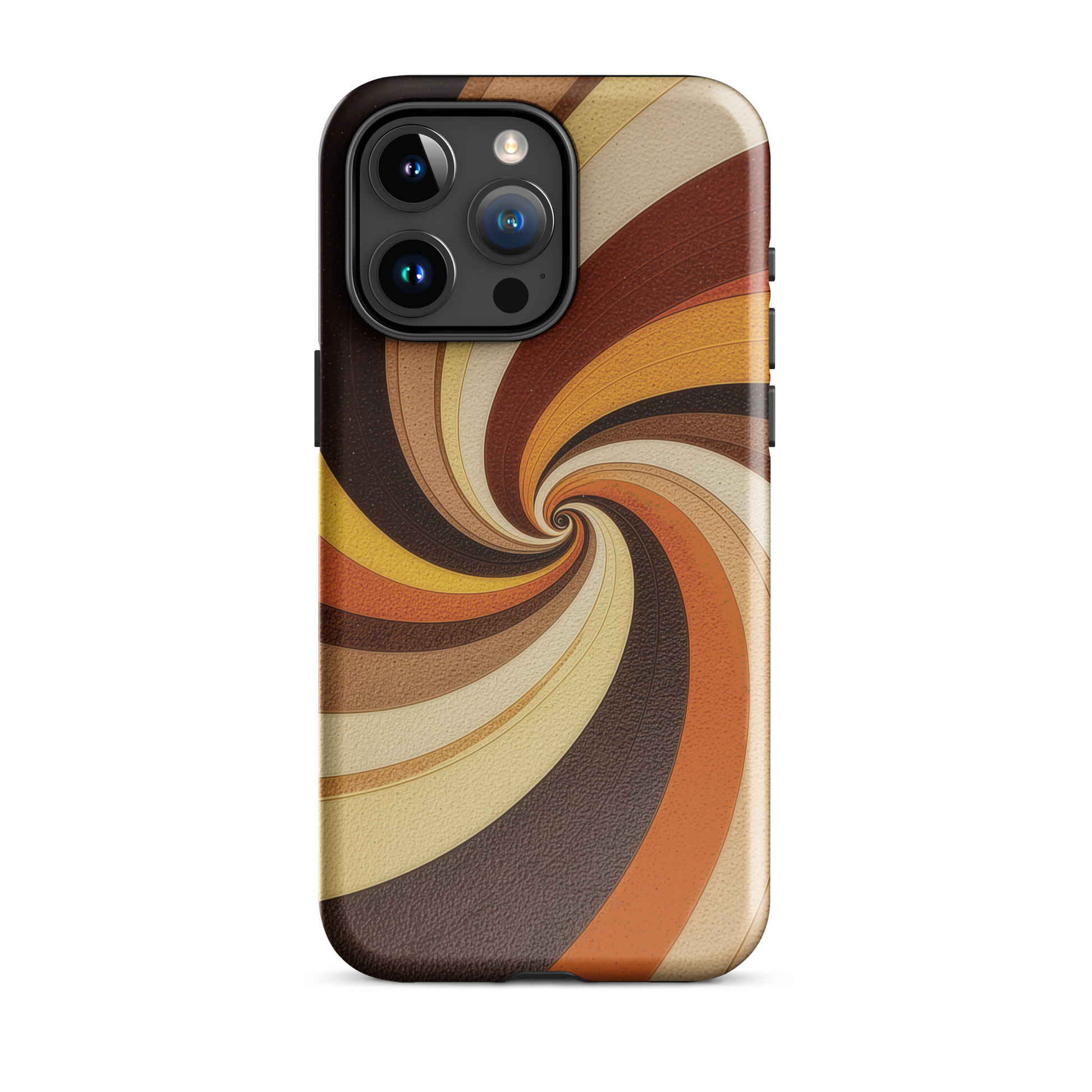 A retro-inspired phone case featuring warm swirling patterns in orange, yellow, and brown tones.