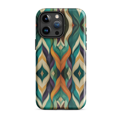 A bold geometric phone case featuring layered shapes in rich, earthy tones.