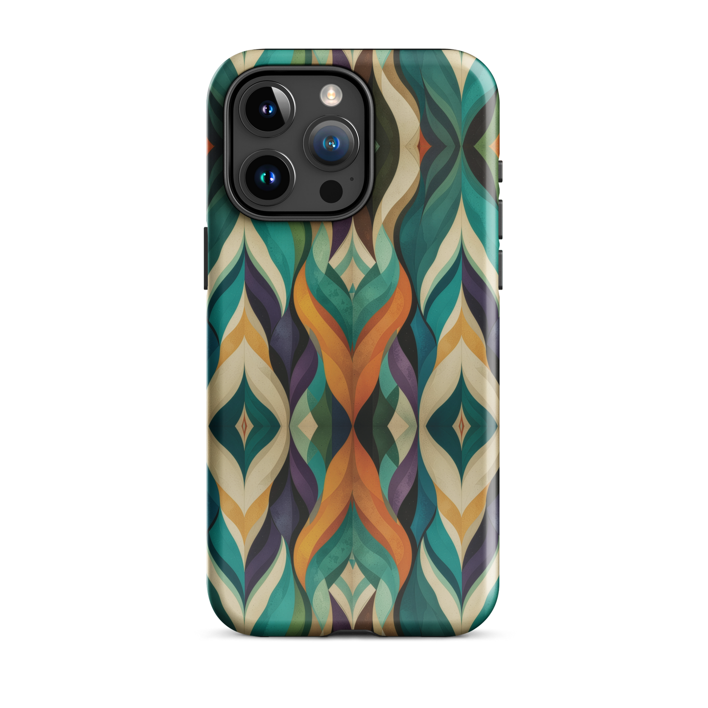 A bold geometric phone case featuring layered shapes in rich, earthy tones.