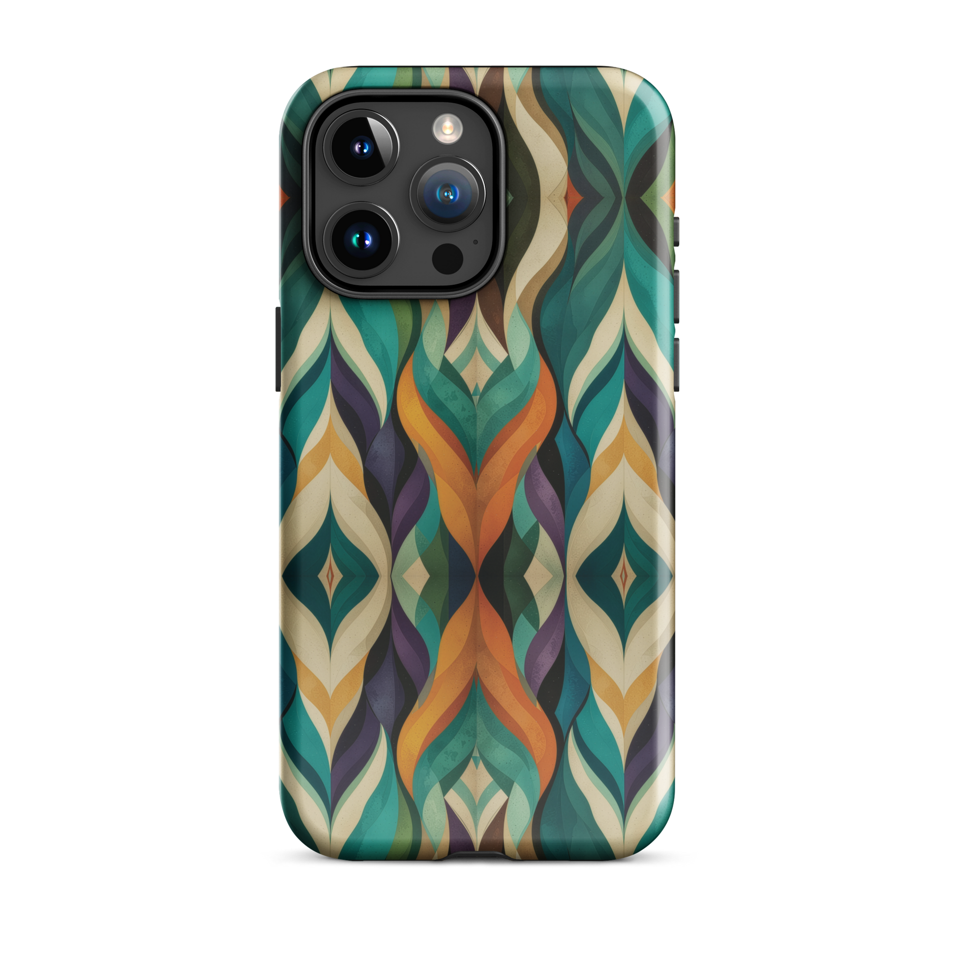 A bold geometric phone case featuring layered shapes in rich, earthy tones.
