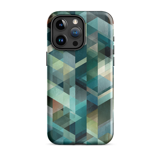 Modern abstract geometric phone case in teal and blue tones with layered retro-inspired shapes.