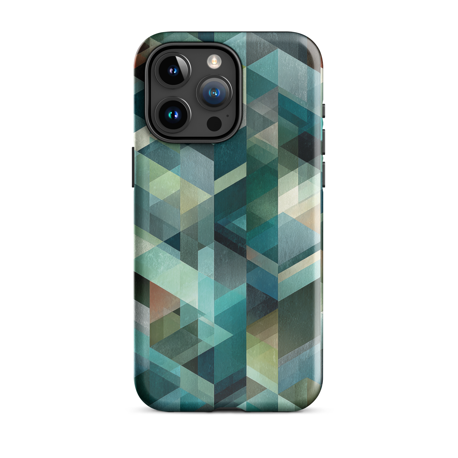 Modern abstract geometric phone case in teal and blue tones with layered retro-inspired shapes.