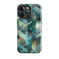 Modern abstract geometric phone case in teal and blue tones with layered retro-inspired shapes.