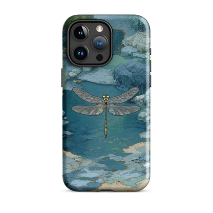 Nature-inspired phone case featuring a dragonfly over calm water with blue and green forest tones.