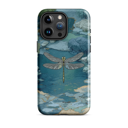Nature-inspired phone case featuring a dragonfly over calm water with blue and green forest tones.