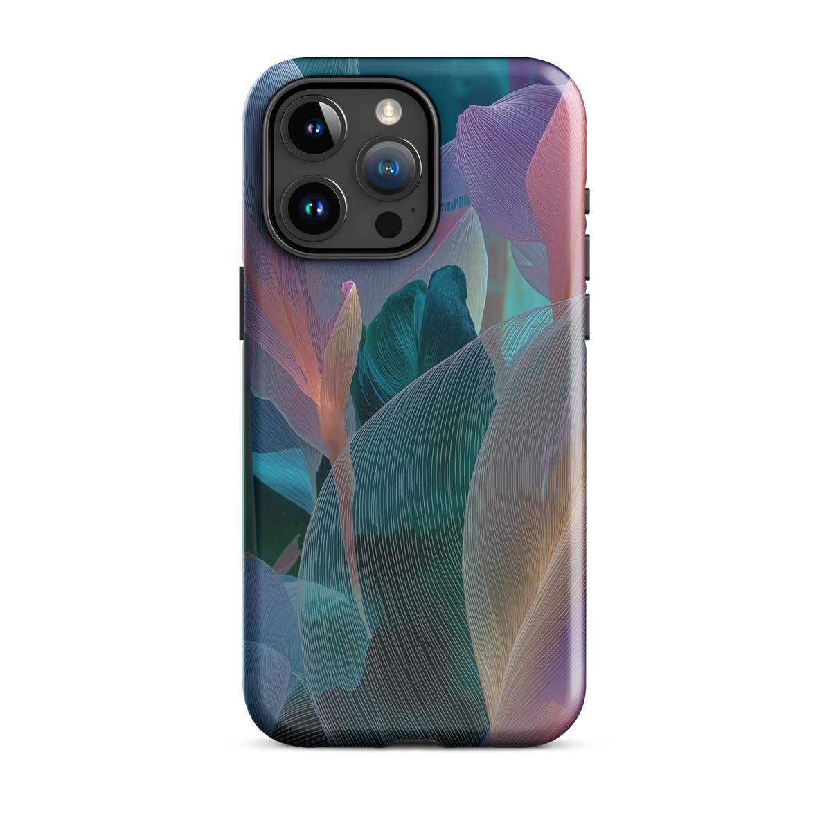 Abstract pastel botanical designer phone case in pink, lilac and teal tones with soft flowing floral textures