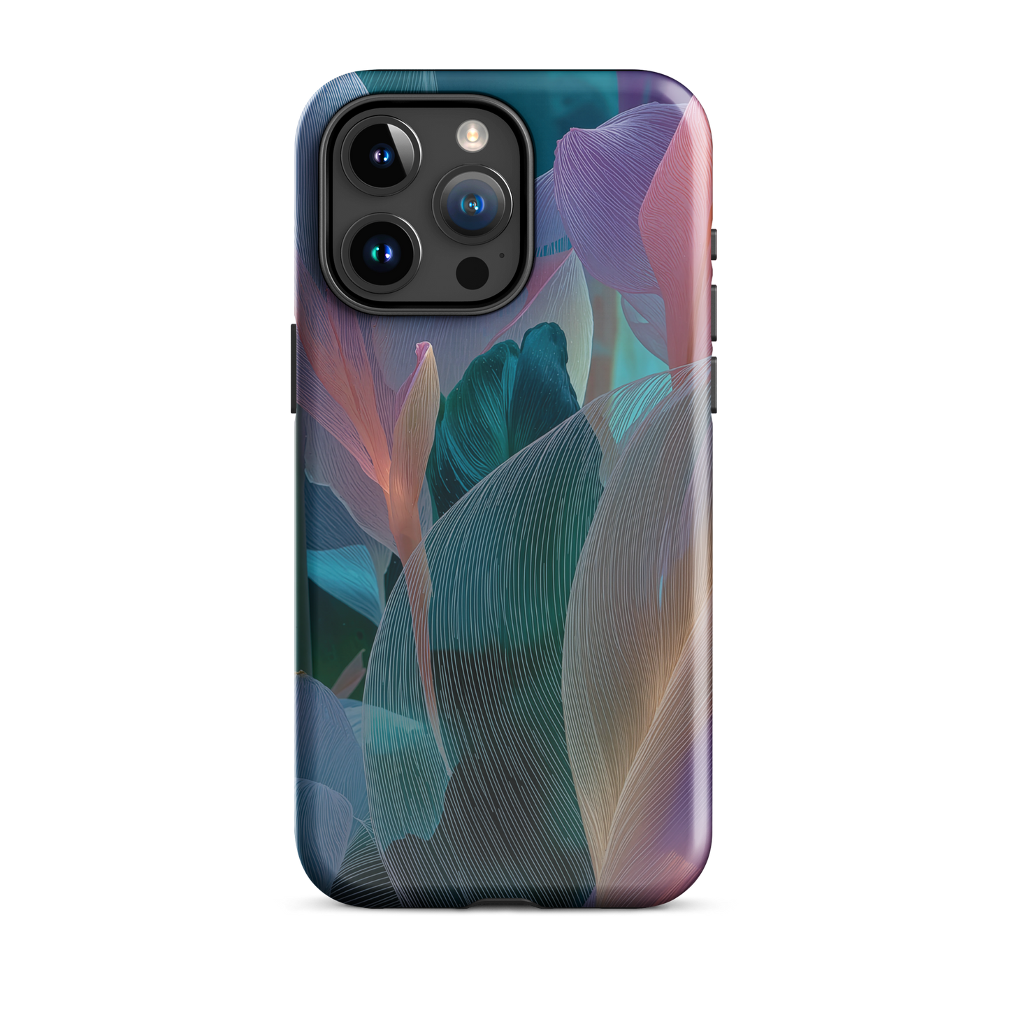 Abstract pastel botanical designer phone case in pink, lilac and teal tones with soft flowing floral textures