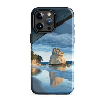 Artistic Cathedral Cove coastal designer phone case with arch rock, blue ocean and golden cliffs