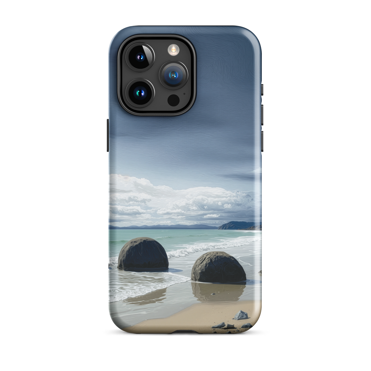 Moeraki Boulders coastal designer phone case with ocean waves and dramatic NZ sky