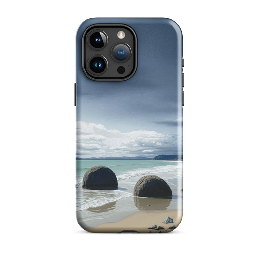 Moeraki Boulders coastal designer phone case with ocean waves and dramatic NZ sky
