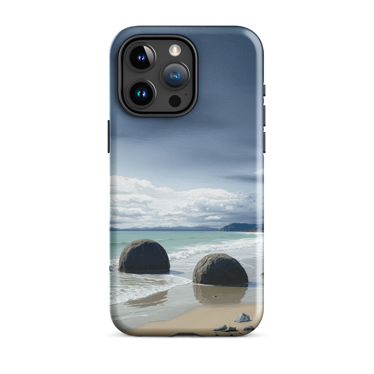 Moeraki Boulders coastal designer phone case with ocean waves and dramatic NZ sky