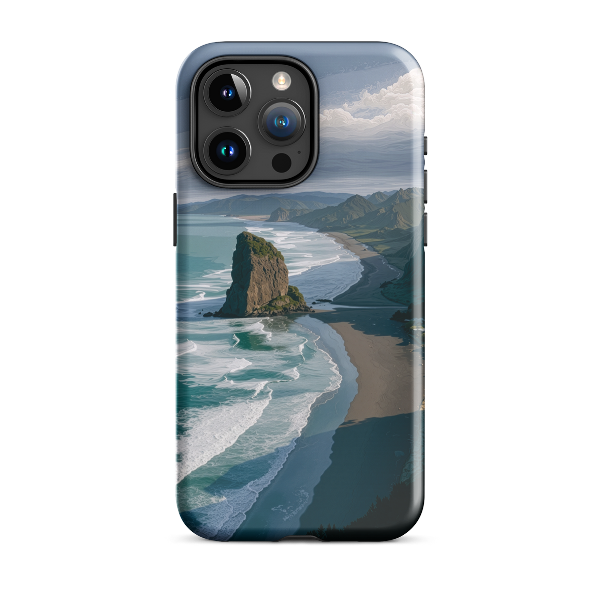 Piha Beach Lion Rock designer phone case with turquoise waves and dramatic NZ coastline