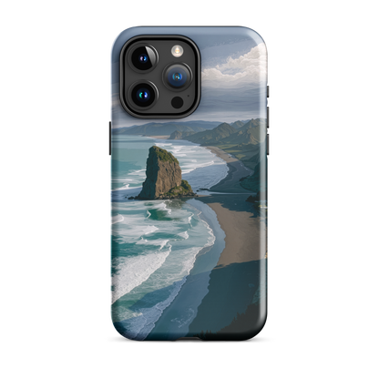 Piha Beach Lion Rock designer phone case with turquoise waves and dramatic NZ coastline