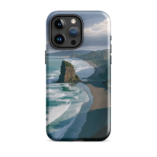 Piha Beach Lion Rock designer phone case with turquoise waves and dramatic NZ coastline