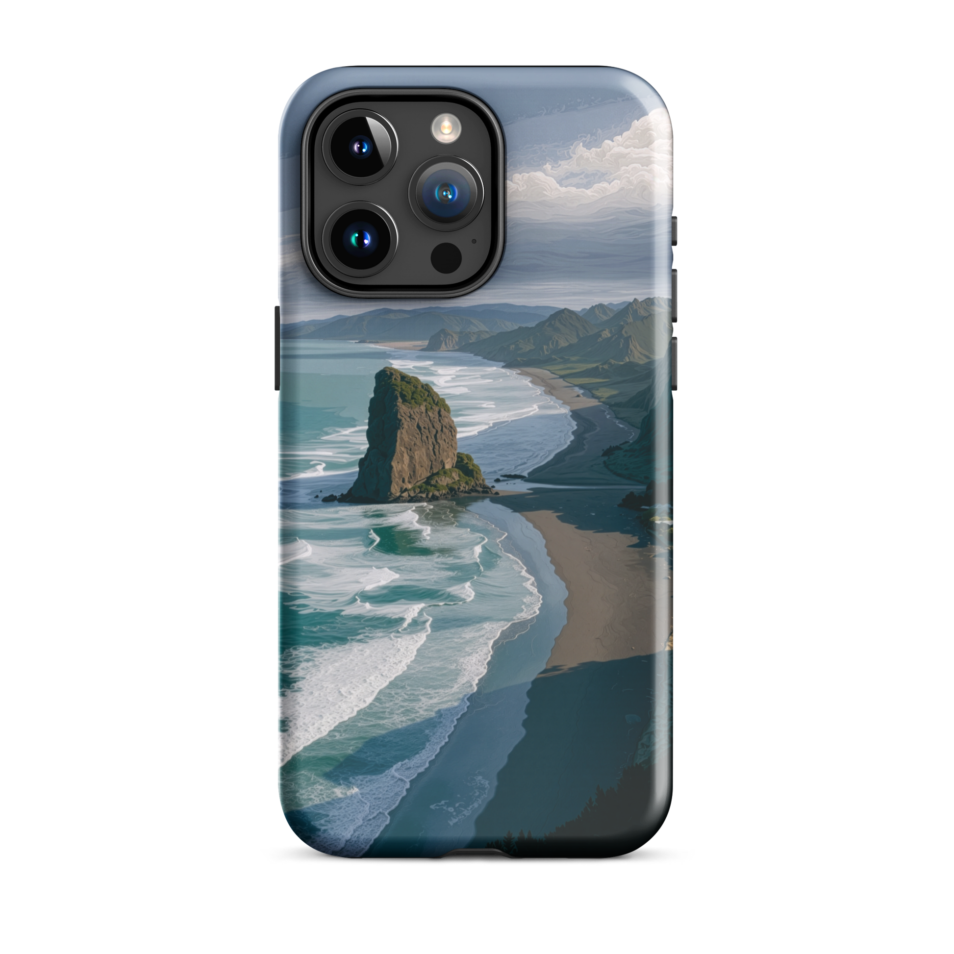 Piha Beach Lion Rock designer phone case with turquoise waves and dramatic NZ coastline