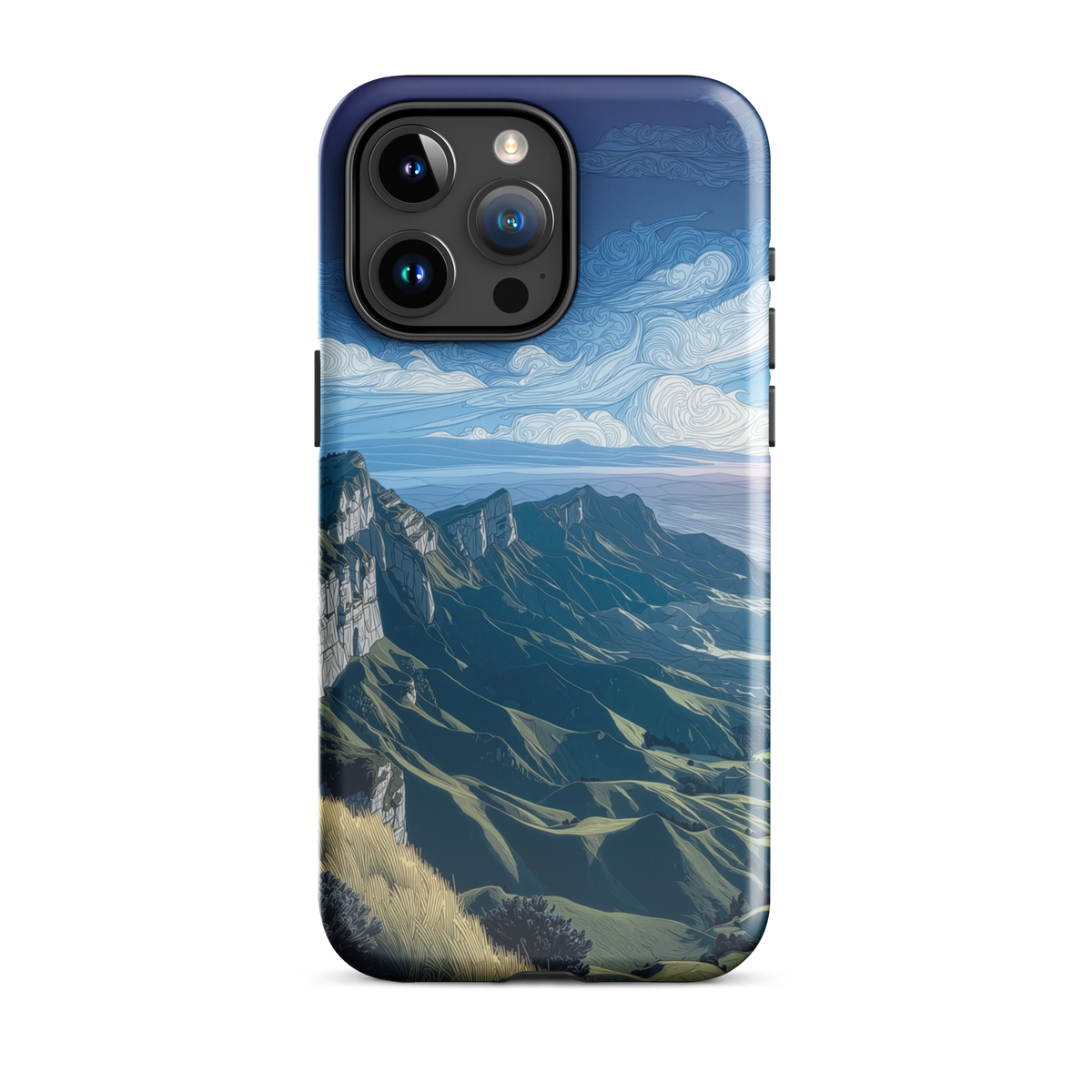 Te Mata Peak designer phone case with Hawke’s Bay cliffs, rolling green hills and dramatic swirling sky