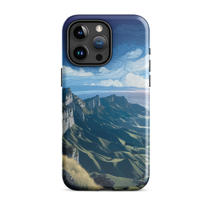 Te Mata Peak designer phone case with Hawke’s Bay cliffs, rolling green hills and dramatic swirling sky