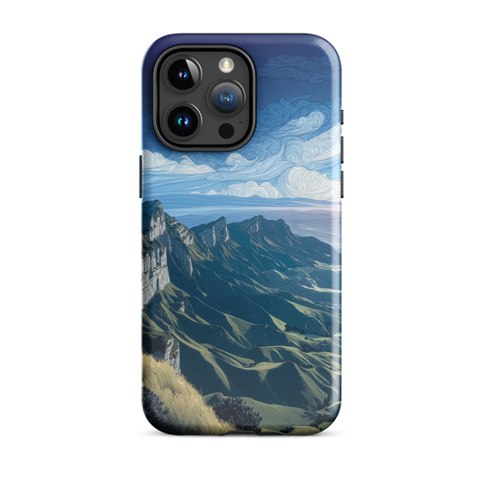 Te Mata Peak designer phone case with Hawke’s Bay cliffs, rolling green hills and dramatic swirling sky