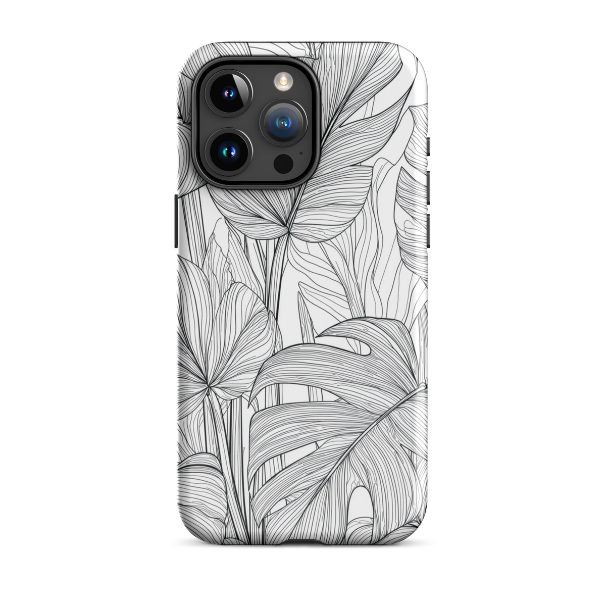 Minimal black and white tropical leaf designer phone case with detailed botanical line art