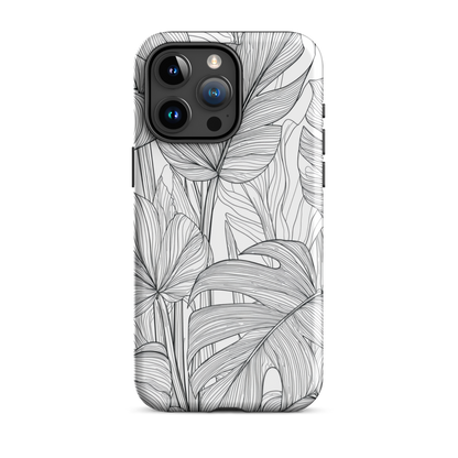 Minimal black and white tropical leaf designer phone case with detailed botanical line art