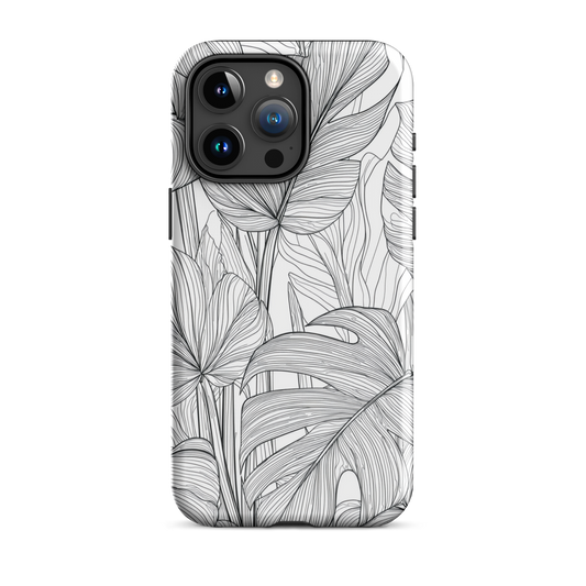 Minimal black and white tropical leaf designer phone case with detailed botanical line art