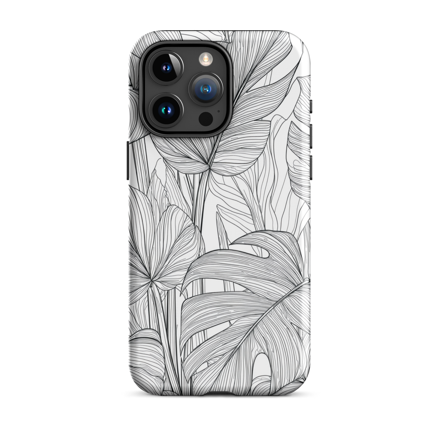 Minimal black and white tropical leaf designer phone case with detailed botanical line art
