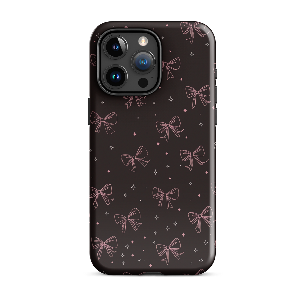 Midnight Bow seamless repeat pattern — pink hand-drawn ribbon bows and sparkle stars on a black background