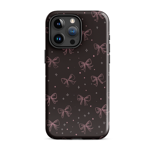 Midnight Bow seamless repeat pattern — pink hand-drawn ribbon bows and sparkle stars on a black background