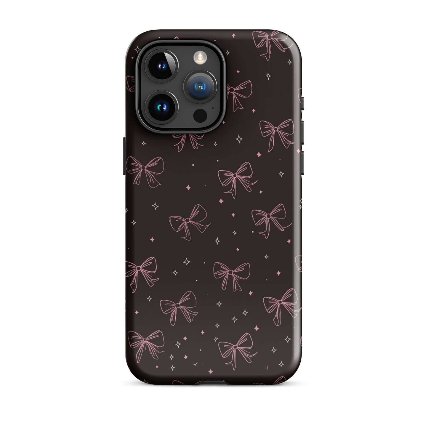 Midnight Bow seamless repeat pattern — pink hand-drawn ribbon bows and sparkle stars on a black background