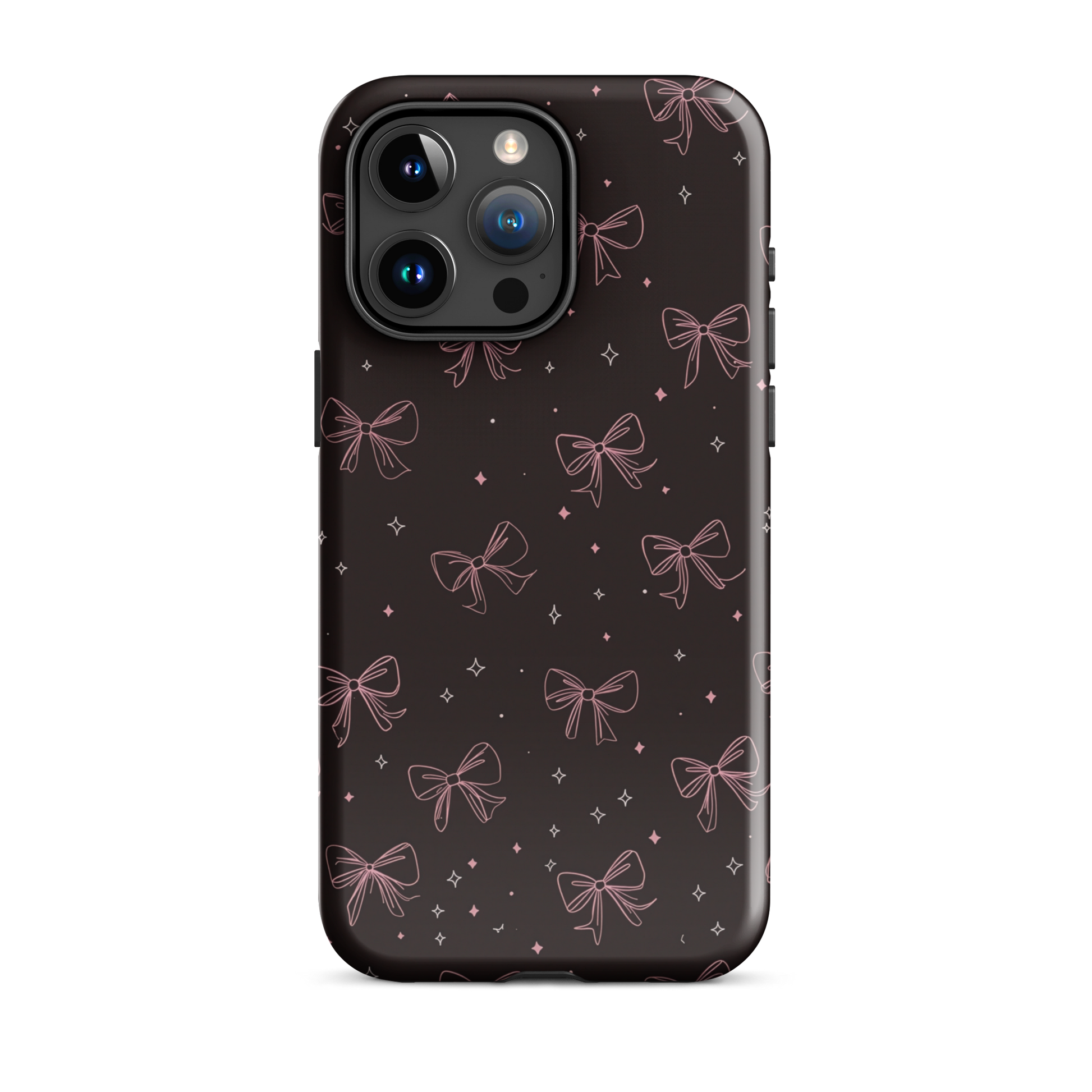 Midnight Bow seamless repeat pattern — pink hand-drawn ribbon bows and sparkle stars on a black background