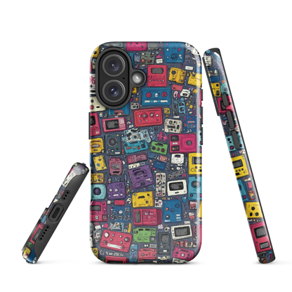 'Arcade' iPhone case, featuring a vibrant collage of hand-drawn controllers in bold, vintage-inspired colours. From electric blue and hot pink to classic black and yellow