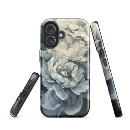 'Whisper' iPhone case features a stunning close-up of softly painted peony blooms in dreamy shades of ivory, grey, and smoky blue.