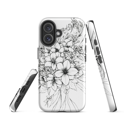 Black and white floral phone case with hand-drawn lilies and wildflowers