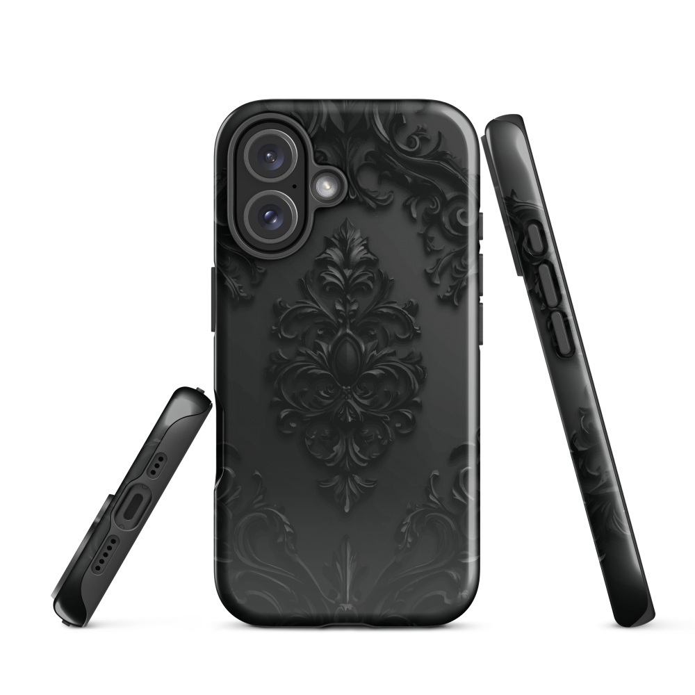 Black embossed damask phone case with gothic baroque pattern.