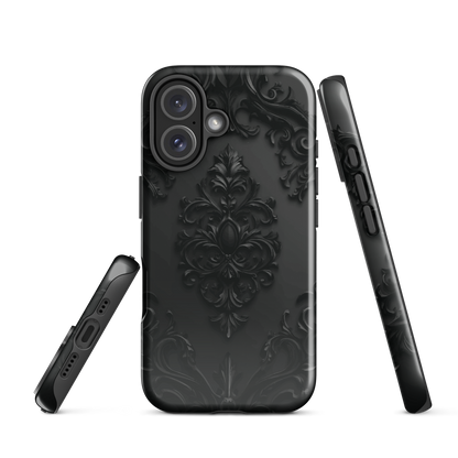 Black embossed damask phone case with gothic baroque pattern.