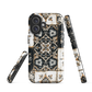 Moroccan tile pattern phone case in black, white, and gold tones with vintage-inspired design.