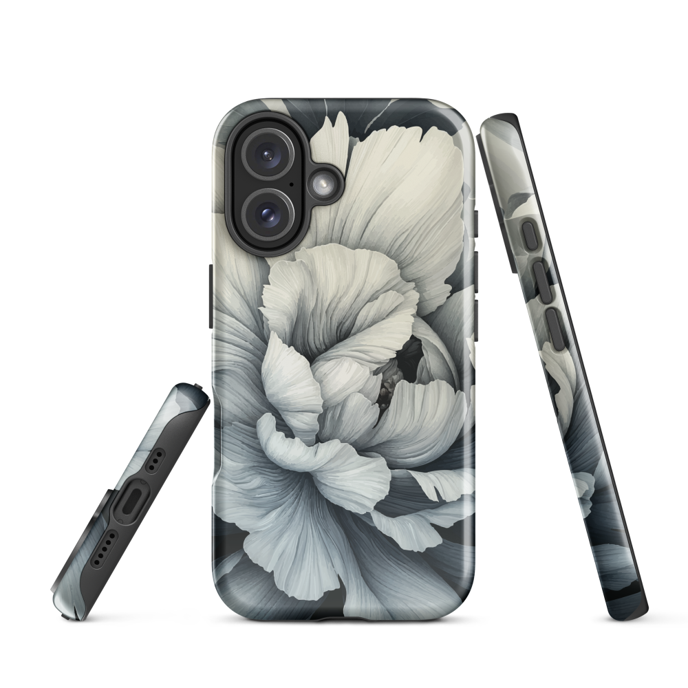 Black and white floral phone case featuring a soft, moody peony design by New Zealand artist Ben Hart.