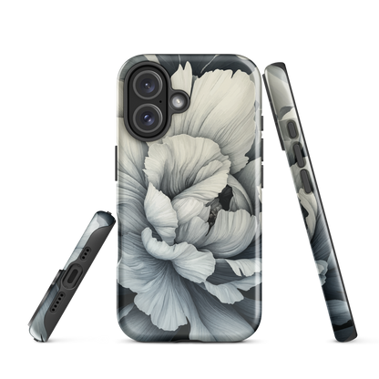 Black and white floral phone case featuring a soft, moody peony design by New Zealand artist Ben Hart.