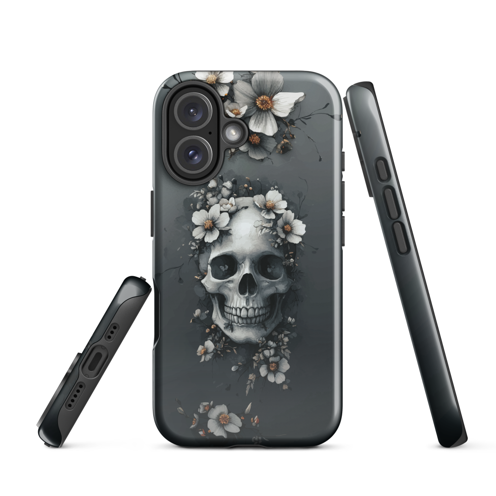 Gothic phone case with a floral skull design in grey tones, featuring white blossoms and dark detailing.