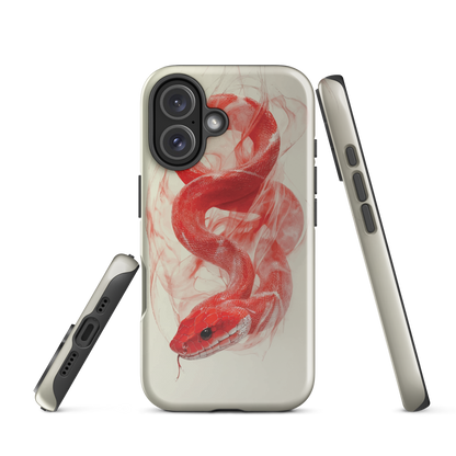 Phone case with red snake design on a cream background, coiled in smoky detail. Bold artwork by NZ designer Ben Hart.