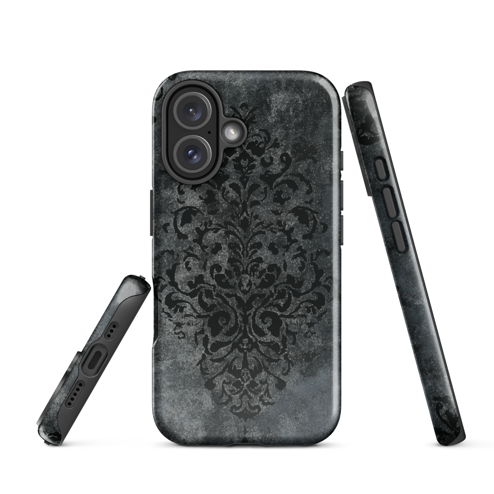 Dark damask patterned phone case with a vintage gothic aesthetic and textured stone background.